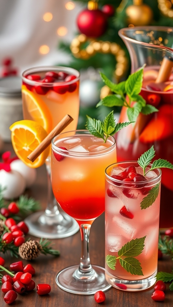 A collection of Christmas cocktails including cranberry orange sparkler, spiced apple cider punch, and pomegranate mojito, set against a festive backdrop.